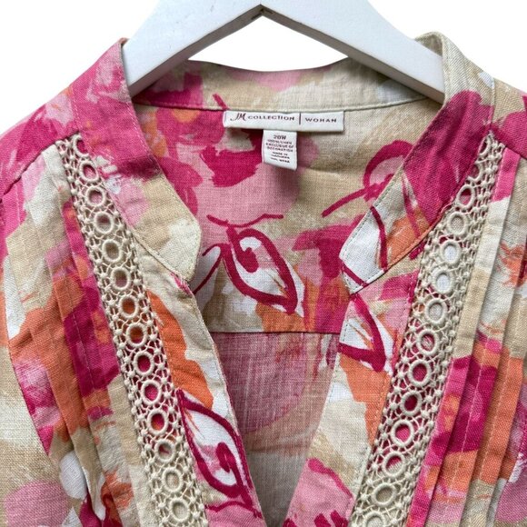 JM Collection 100% Linen Top Plus Size 20W Pink Floral 3/4 Sleeve Tunic Buttonup - Picture 6 of 8